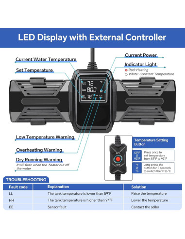 Calentador de Acuario Hygger 600W 800W 1000W Sumergible LED