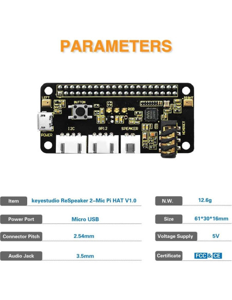 KEYESTUDIO ReSpeaker 2-Mic Pi HAT V1.0 para Raspberry Pi