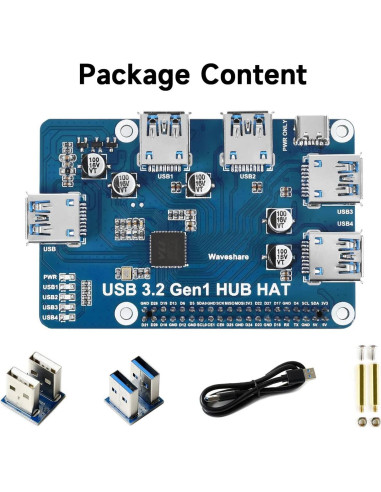 HUB HAT USB 3.2 Gen1 Waveshare para Raspberry Pi 5/4B/3B/Zero