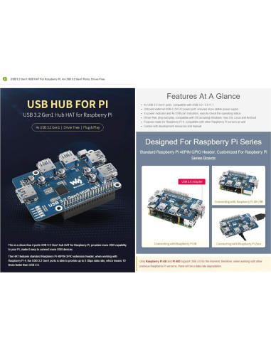 HUB HAT USB 3.2 Gen1 Waveshare para Raspberry Pi 5/4B/3B/Zero