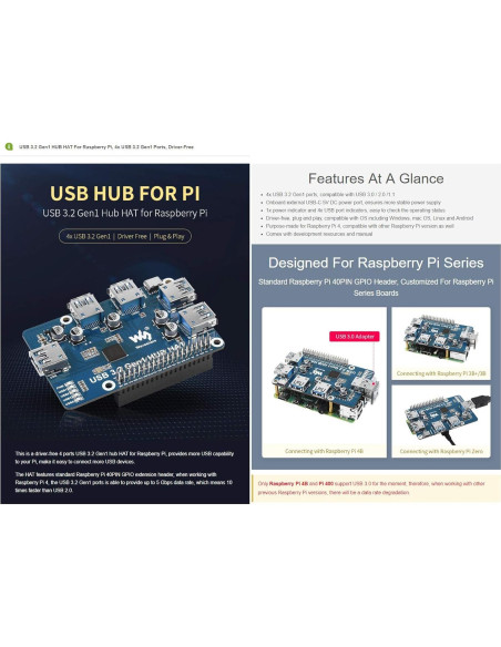 HUB HAT USB 3.2 Gen1 Waveshare para Raspberry Pi 5/4B/3B/Zero