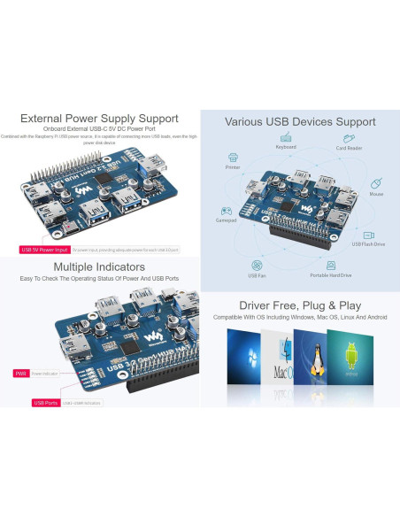 HUB HAT USB 3.2 Gen1 Waveshare para Raspberry Pi 5/4B/3B/Zero