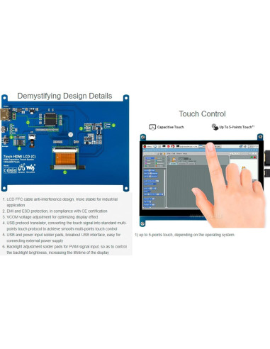 Pantalla táctil LCD IPS 7" Waveshare 1024x600 HDMI