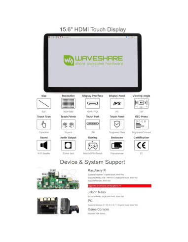 Pantalla Táctil LCD IPS 15.6" Waveshare 1920x1080 HDMI