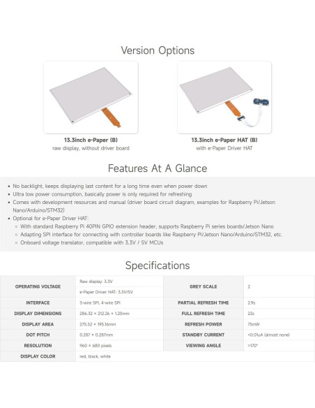 Pantalla E-Paper 13.3" Waveshare HAT 960x680 Compatible Raspberry Pi