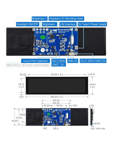 Pantalla Táctil DSI 22.4 cm Waveshare para Raspberry Pi 5/4B/3B