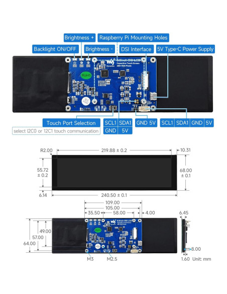 Pantalla Táctil DSI 22.4 cm Waveshare para Raspberry Pi 5/4B/3B