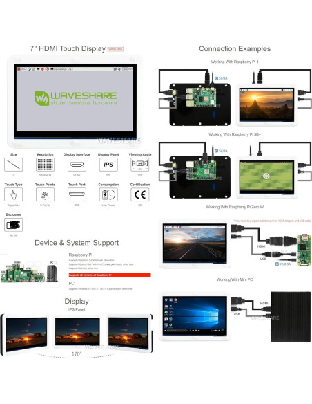 Pantalla Táctil Capacitiva 7" Waveshare HDMI para Raspberry Pi