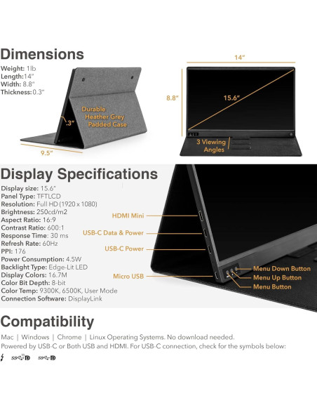 Monitor Portátil Stand Steady 15.6" FHD 1080P USB HDMI