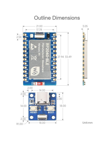 Placa de desarrollo RP2040-BLE Waveshare con USB tipo C