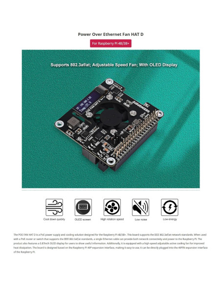 POE Fan HAT D LLidgermal para Raspberry Pi 4B/3B+ con Pantalla OLED