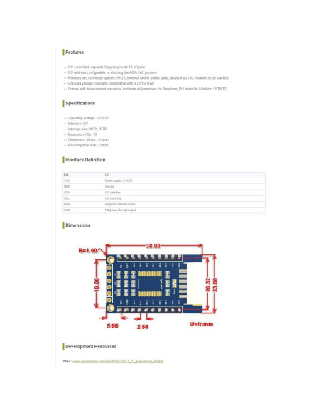 Placa de Expansión I/O Waveshare MCP23017 16 Pines I2C 3.3V/5V
