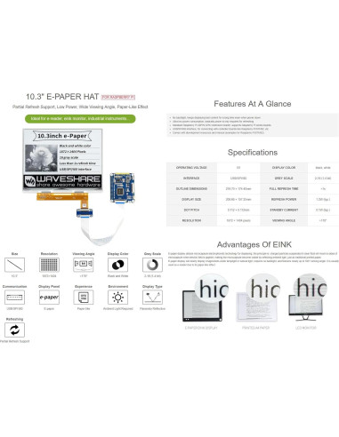 Pantalla E-Paper 10.3" Waveshare 1872x1404 Blanco/Negro