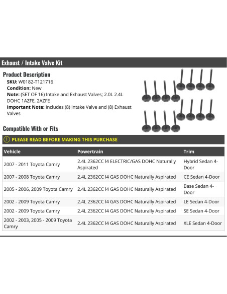 Kit de Válvulas de Escape y Admisión Toyota Camry 2.4L 16 Piezas
