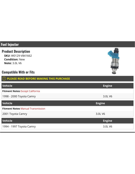 Inyector de combustible Marketplace Auto Parts Toyota Camry 3.0L V6