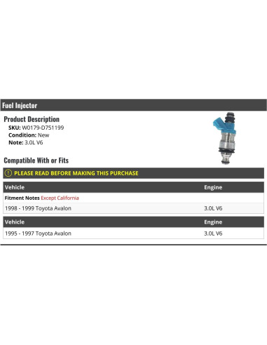 Inyector de combustible Marketplace Auto Parts Toyota Avalon 3.0L V6