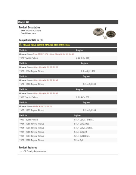 Kit de Embrague Marketplace Auto Parts para Toyota Pickup 72-88