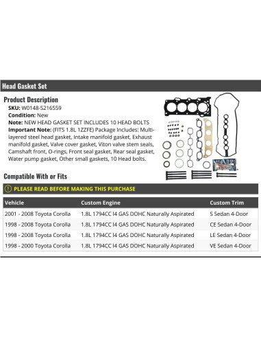 Juego de Junta de Culata Toyota Corolla 1998-2008 1.8L