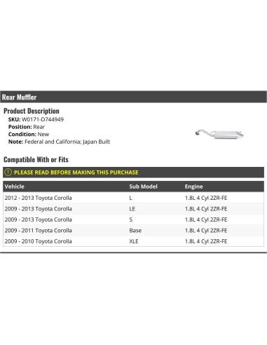 Silenciador Trasero Toyota Corolla 2009-2013 1.8L 4 Cilindros