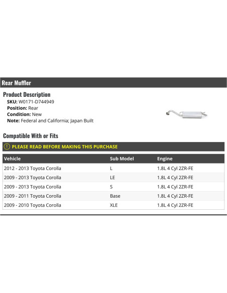 Silenciador Trasero Toyota Corolla 2009-2013 1.8L 4 Cilindros