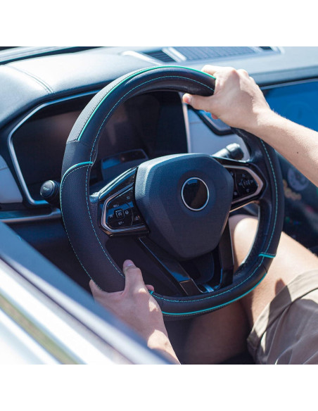 Cubierta de Volante de Cuero Car Pass 35-38 cm Negro y Menta