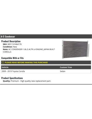Condensador de A/C Marketplace Auto Parts Toyota Corolla 2009-2019