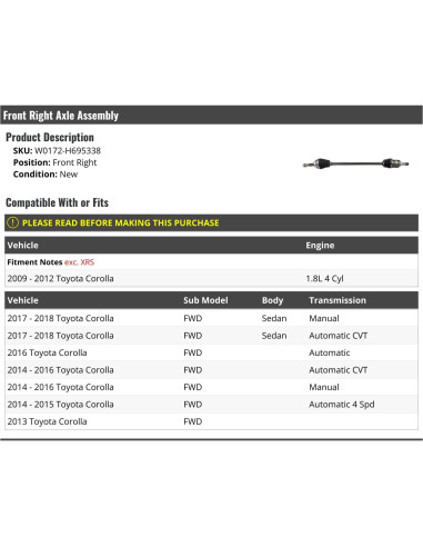 Eje CV Lateral Derecho Toyota Corolla 1.8L 2009-2018