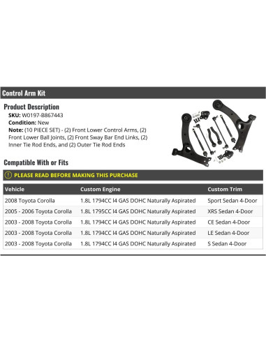 Kit de Brazo de Control Inferior Frontal 10 Piezas Toyota Corolla