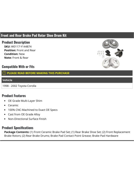 Kit de Freno Cerámico Delantero y Trasero Toyota Corolla 98-02
