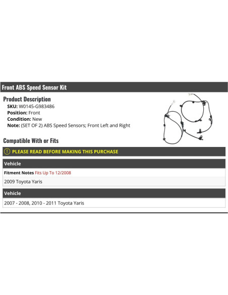 Kit de Sensores de Velocidad ABS Frontal Toyota Yaris 2007-2011