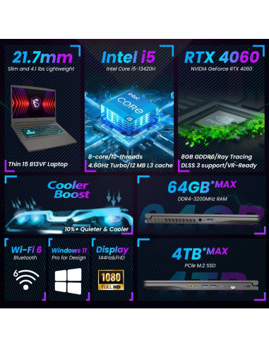 MSI Portátil de Juegos B13VF 15.6" FHD 144Hz, Intel i5, 16GB RAM, 1TB SSD