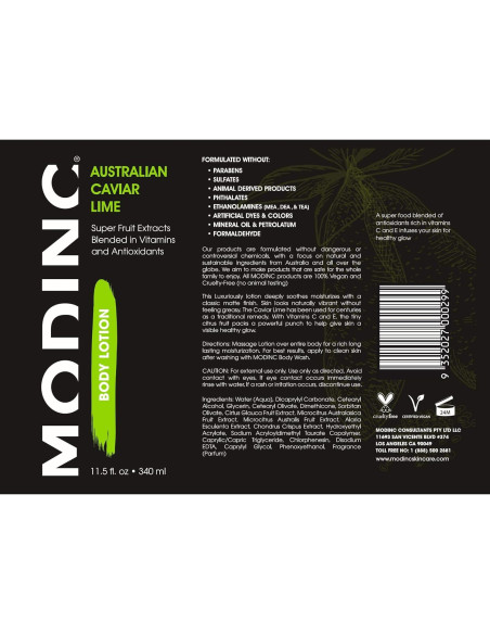 Loción Corporal Vegana MODINC Lima Caviar 325g Antioxidantes