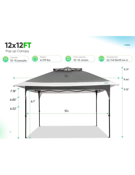 Carpa Gazebo Plegable Quictent 12x12 Gris - Sombra Extra