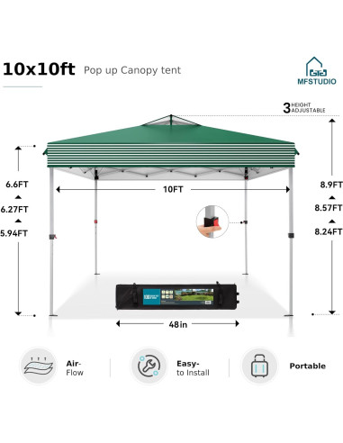 Carpa Plegable MFSTUDIO 10x10 m Impermeable Rayas Verdes