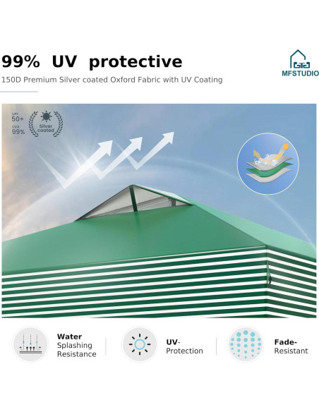 Carpa Plegable MFSTUDIO 10x10 m Impermeable Rayas Verdes