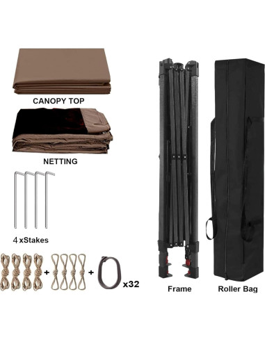 Gazebo Plegable TURRIDU 330x330cm con Red Desmontable Marrón