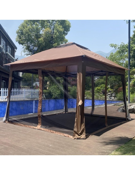 Gazebo Plegable TURRIDU 330x330cm con Red Desmontable Marrón