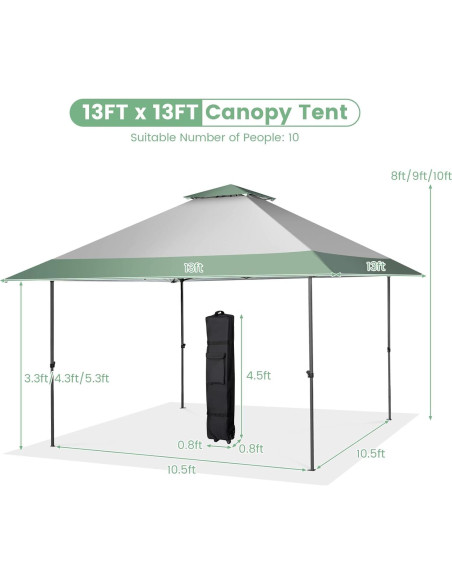 Carpa Plegable Tangkula 13x13 ft Verde, 10 Personas, UPF 50+