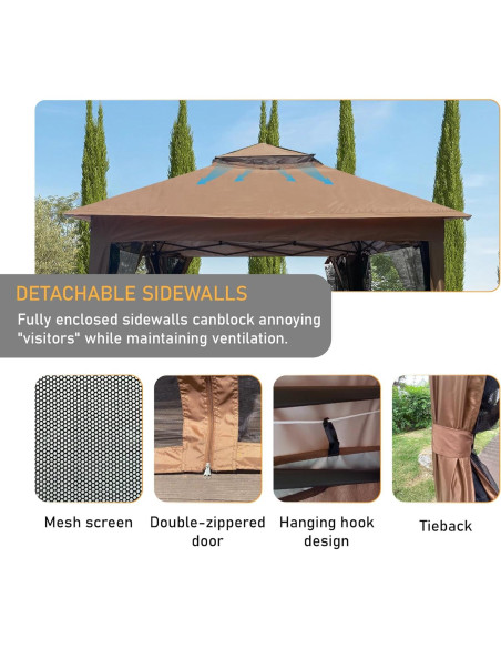 Gazebo Plegable Cattino 11x11 Pies con Mosquitera Marrón