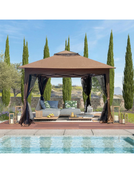Gazebo Plegable Cattino 11x11 Pies con Mosquitera Marrón