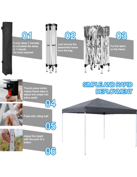 Carpa Plegable ZENY 3x3m Gris Impermeable con Altura Ajustable