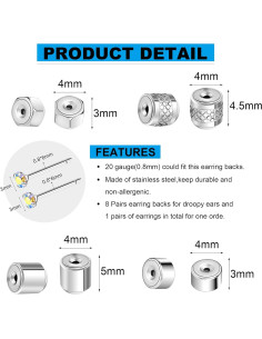 Respaldos de Aretes AOEDEJ de Acero Inoxidable Plata - 8 Pares 2
