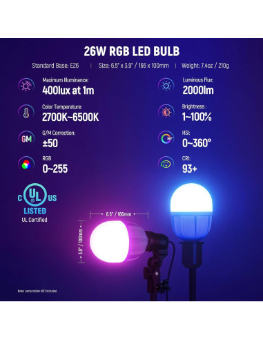 Bombilla LED RGB NEEWER 26W Control App 2700K-6500K E26