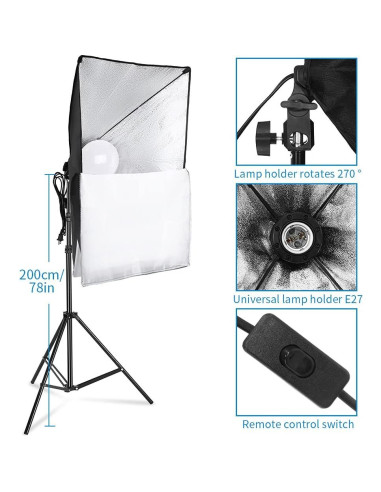 Kit de Iluminación Fotográfica Kshioe Softbox 50x70cm con 2 Bombillas LED 5500K