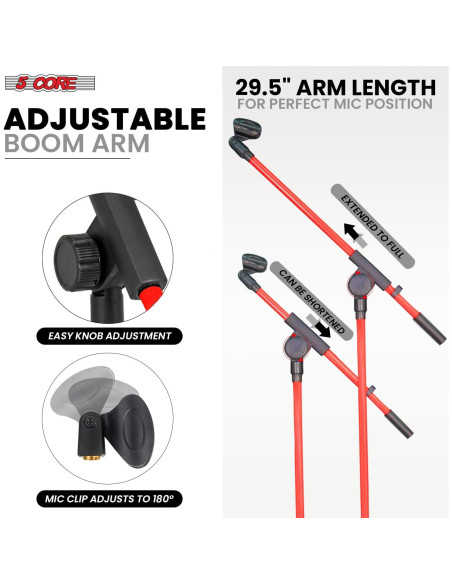 Soporte de Micrófono de Trípode 5 Core MS 080 Rojo Ajustable 45.72-182.88 cm