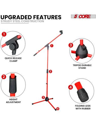 Soporte de Micrófono de Trípode 5 Core MS 080 Rojo Ajustable 45.72-182.88 cm