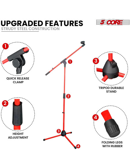 Soporte de Micrófono de Trípode 5 Core MS 080 Rojo Ajustable 45.72-182.88 cm