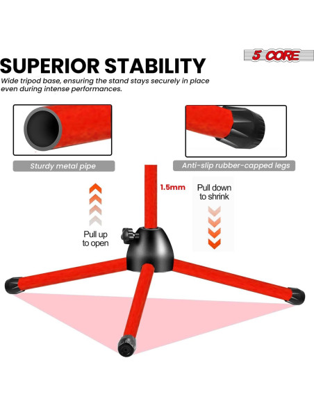 Soporte de Micrófono de Trípode 5 Core MS 080 Rojo Ajustable 45.72-182.88 cm
