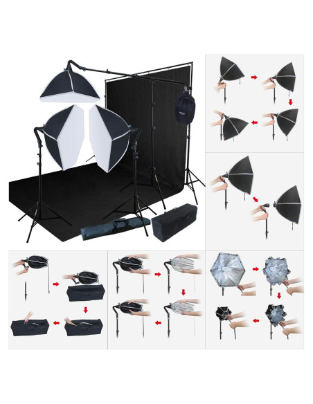 Kit de Iluminación Fotográfica LINCO AM140 con Fondo Negro 3x6m