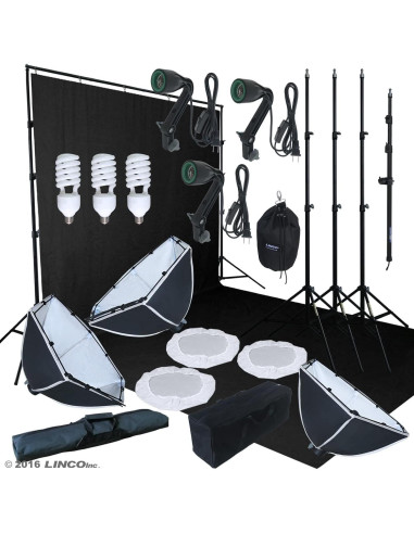 Kit de Iluminación Fotográfica LINCO AM140 con Fondo Negro 3x6m